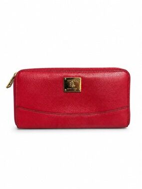 Lauren Ralph Lauren Red Pebbled Leather Zip Around Wallet Gold Hardware